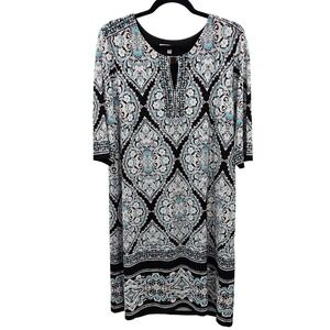 Studio One New York XL Black Blue Paisley Keyhole Shift Dress Elbow Sleeve